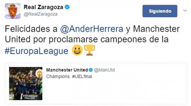 El Real Zaragoza felicitó al mediapunta del Manchester.