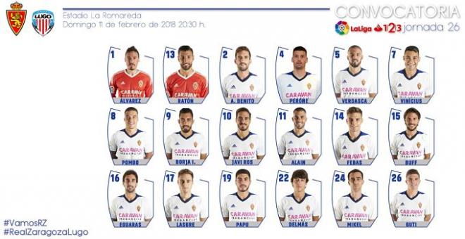 Los 18 futbolistas convocados ante el Lugo (Foto: Real Zaragoza).