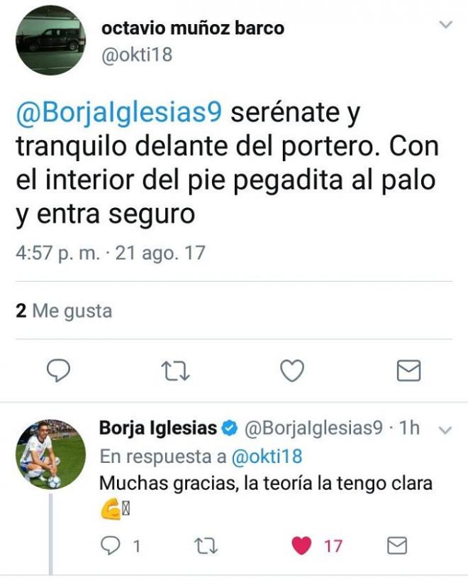 La respuesta en Twitter de Borja Iglesias.