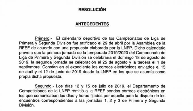 Resolución de la Jueza de Competición sobre los horarios de las tres primeras jornadas de LaLiga Santander.