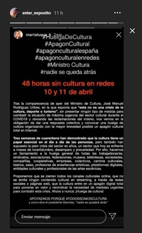 Ester Expósito llamando a la huelga (Foto: Instagram).
