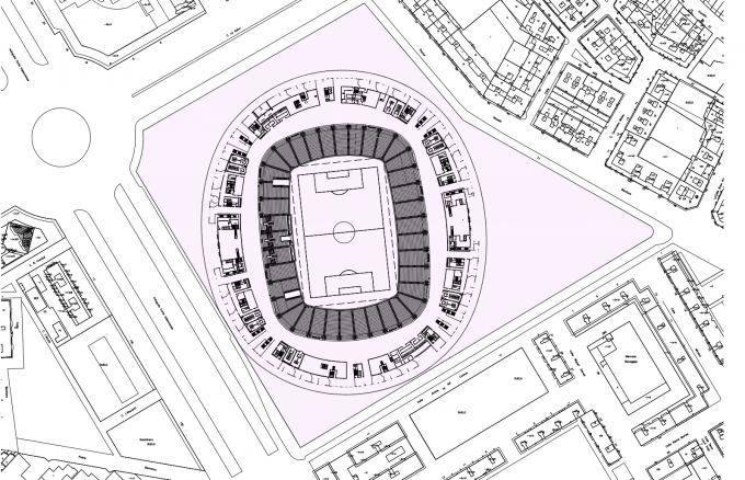 Plano del Nuevo Estadio. En el pico derecho va el Polideportivo
