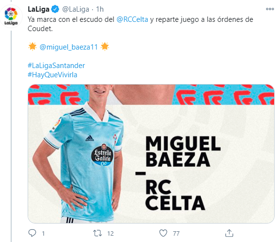 Tuit de LaLiga sobre Miguel Baeza (Foto: LaLiga).