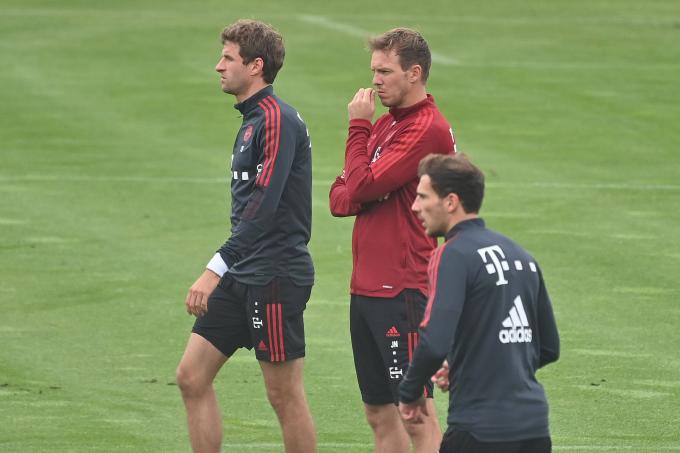 Müller, Nagelsmann y Goretzka, en un entrenamiento del Bayern (Foto: Cordon Press).