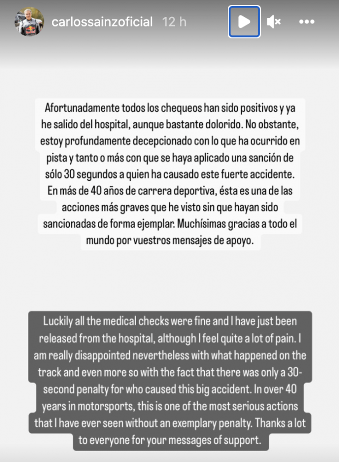 El mensaje de Carlos Sainz en Instagram tras su accidente en Cerdeña.