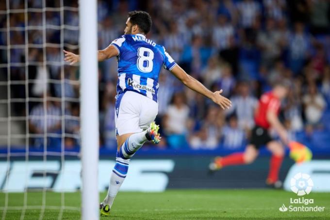 Mikel Merino celebra su gol al Mallorca en LaLiga esta temporada (Foto: LaLiga).