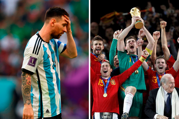 A la izquierda Messi tras perder contra Arabia Saudí y, a la derecha, España levantando la Copa d