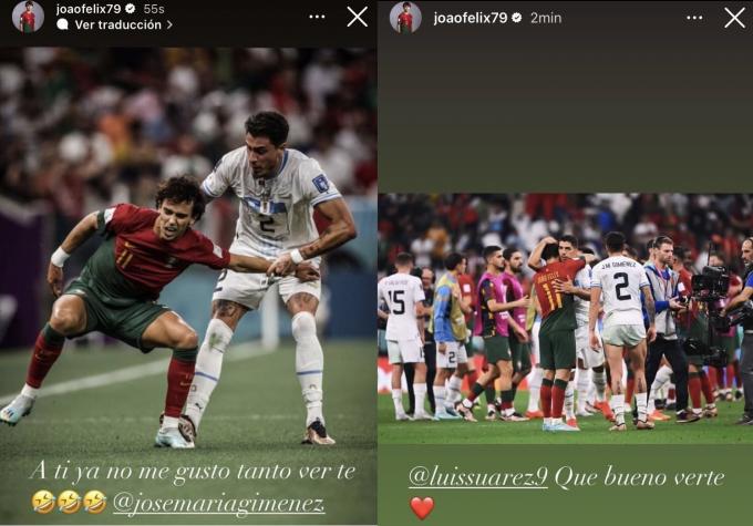 Mensajes de Joao Félix a Giménez y Luis Suárez en Instagram.