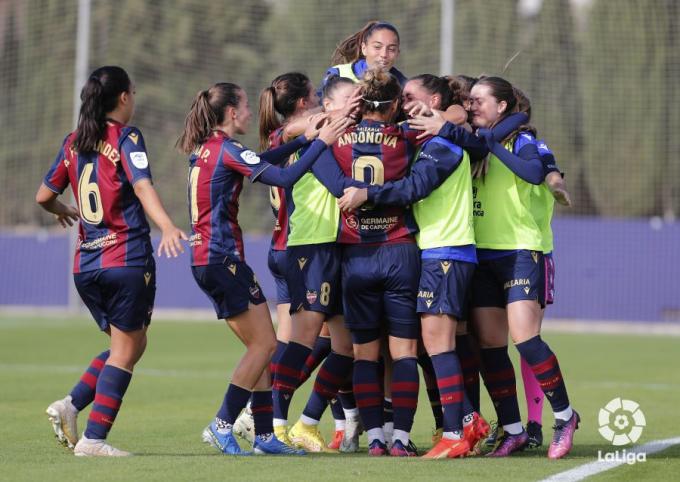 El Levante UD Femenino celebrando un gol en el partido ante el Sevilla. Foto: Levante UD