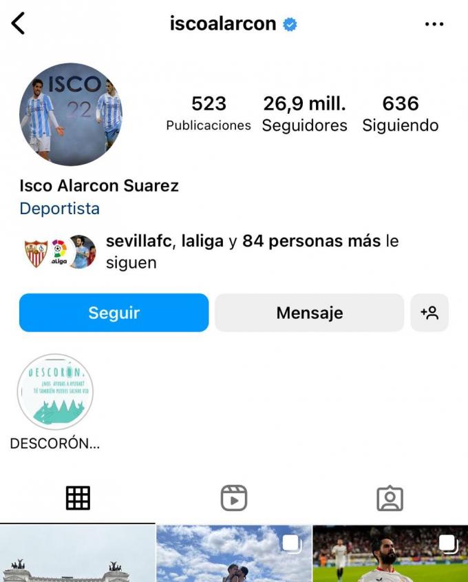 Perfil de Instagram de Isco Alarcón, con foto del Málaga (Foto: @iscoalarcon).