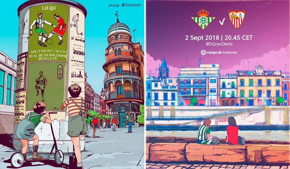 Estos carteles diseñados por LaLiga para ElGranDerbi en 2017 y 2018 ilustran motivos eminentemente locales.